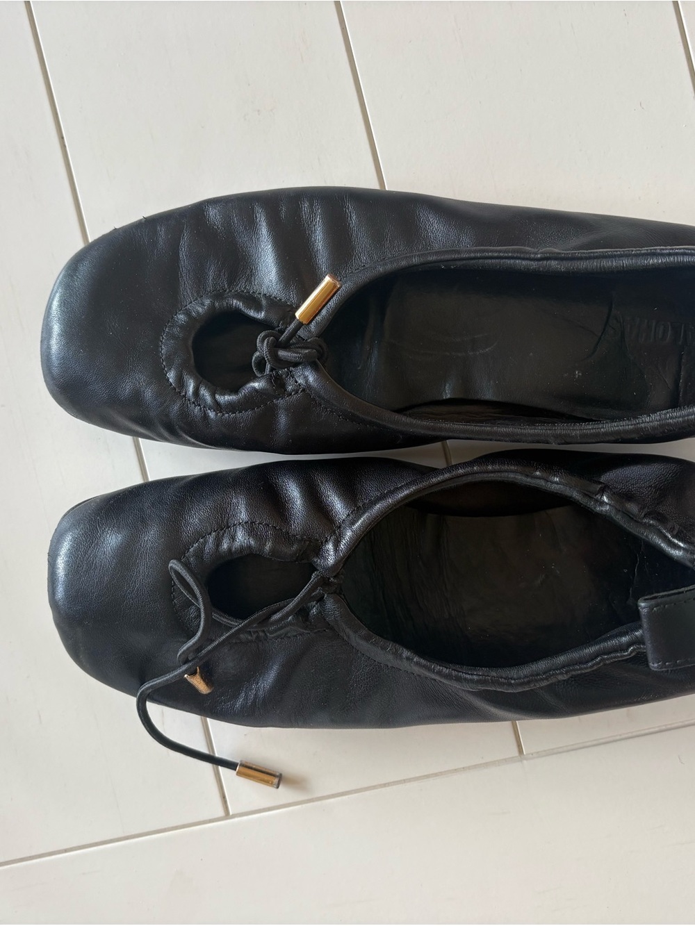 ALOHAS Black Leather Ballet Flats with Drawcord and Gold Accents